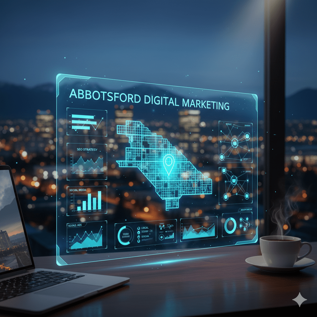 A digital brain and connectivity network inside a glass sphere overlooking a blurred cityscape, representing localized digital marketing intelligence