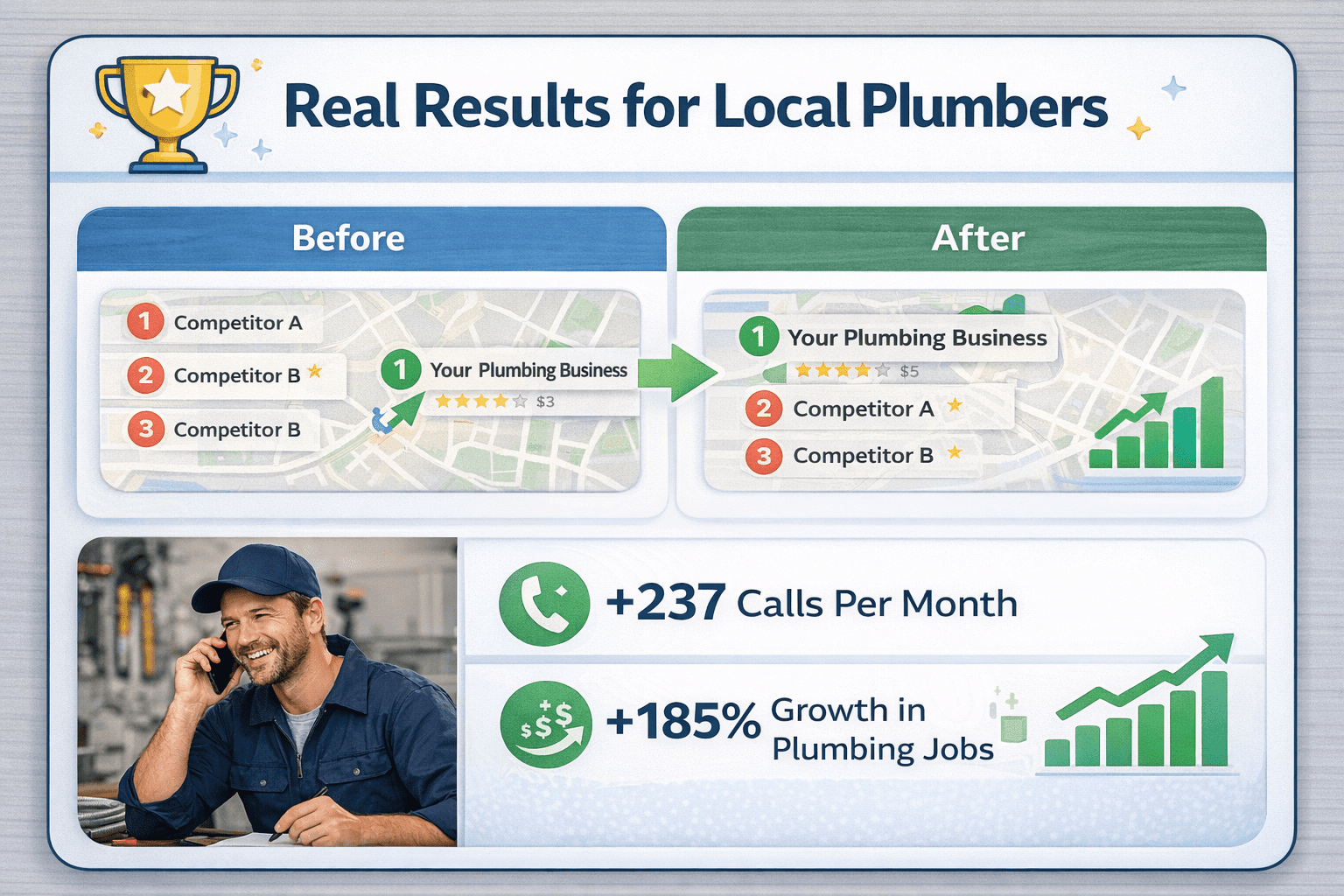 Infographic showing before and after Google Maps rankings with increased calls and job growth for local plumbers