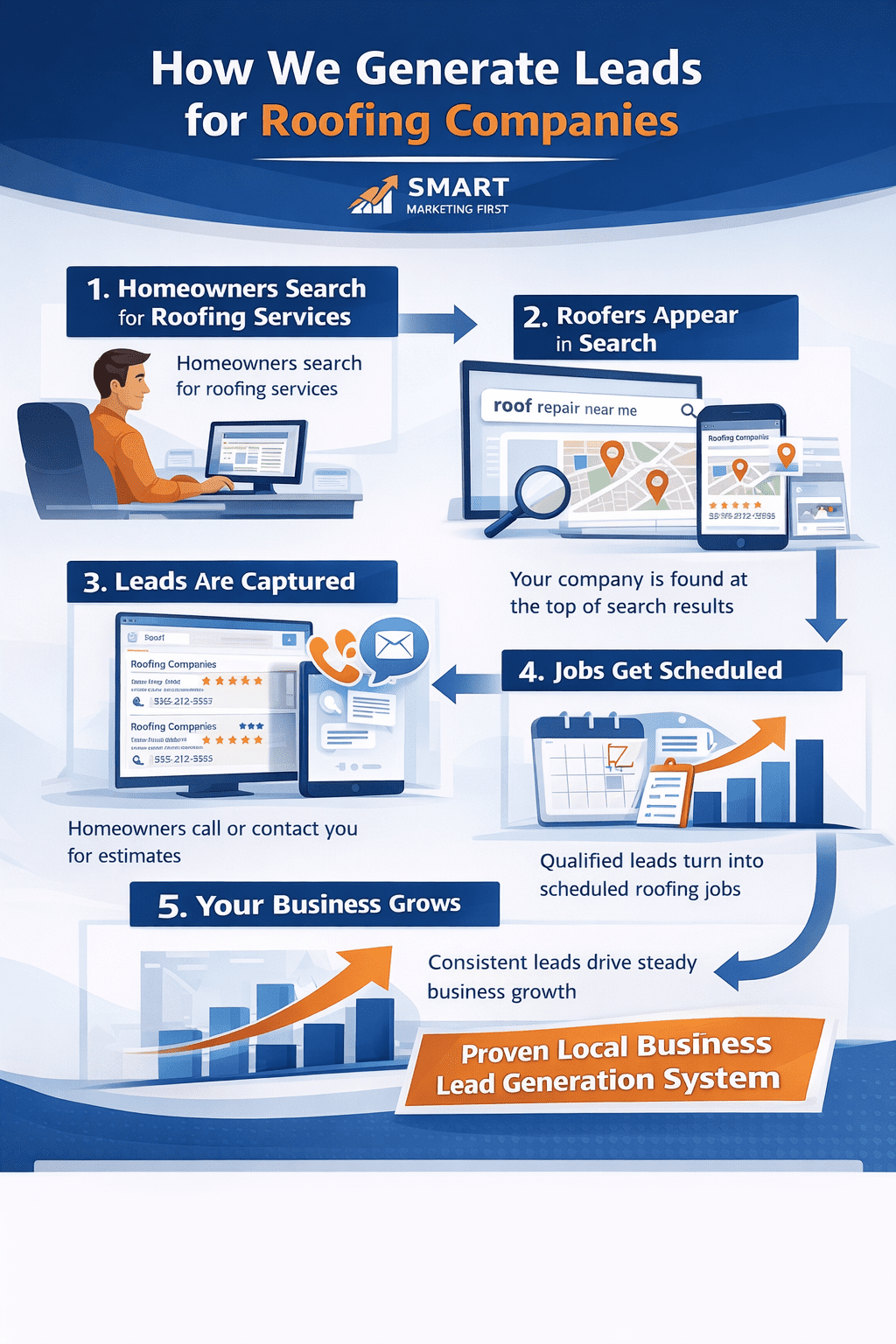 Infographic showing how Smart Marketing First generates consistent leads for roofing companies using a Local Business Lead Generation System, from homeowner searches to scheduled jobs and business growth.