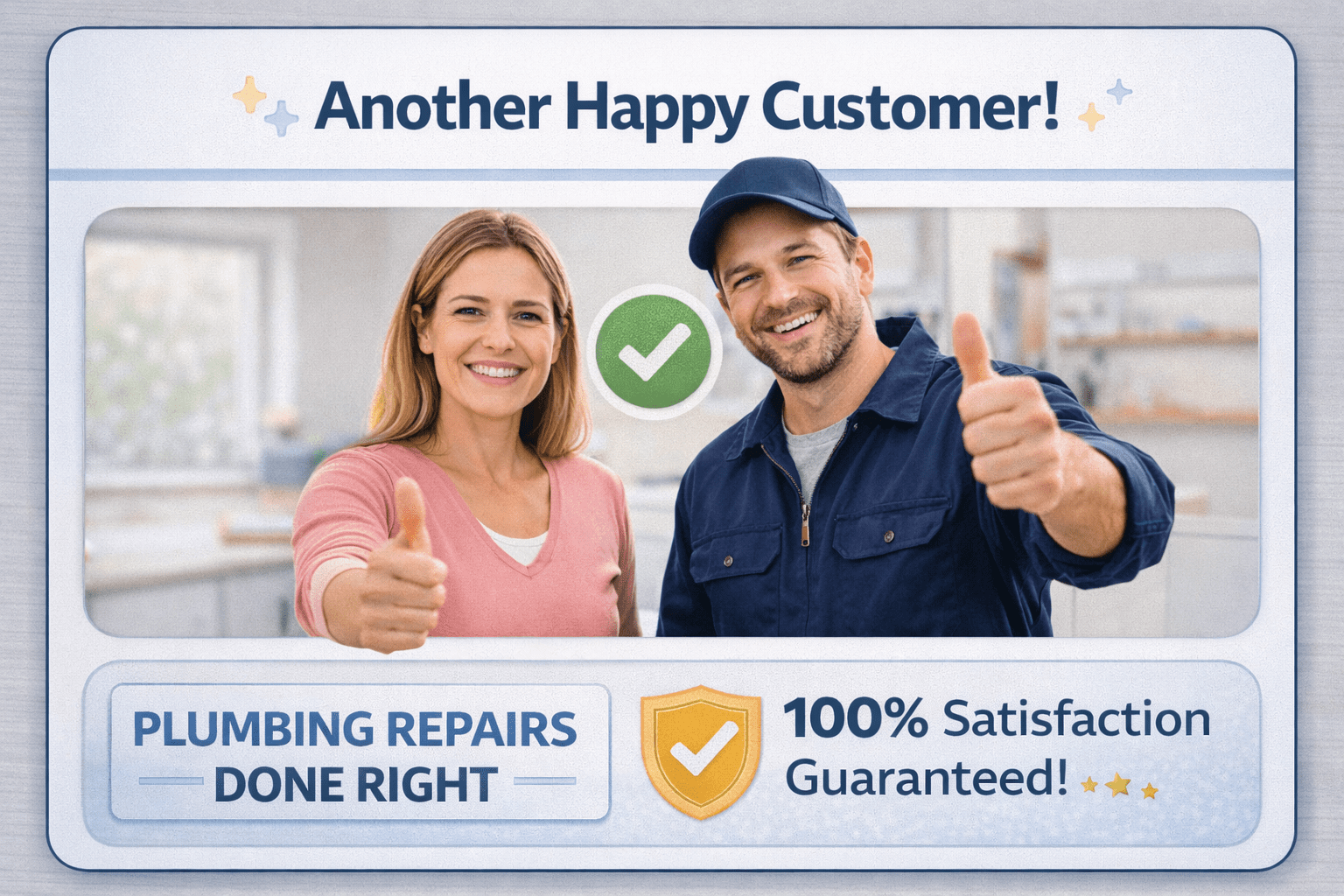 Smiling homeowner and plumber giving thumbs up after successful plumbing repair in the home
