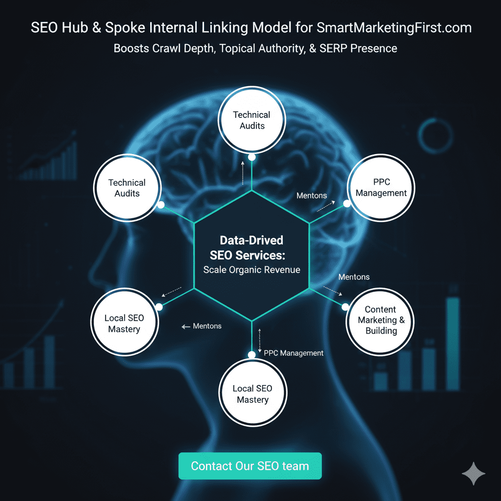 A diagram illustrating a central SEO services hub page connecting to sub-services like technical SEO, content marketing, and local SEO to improve site crawlability.